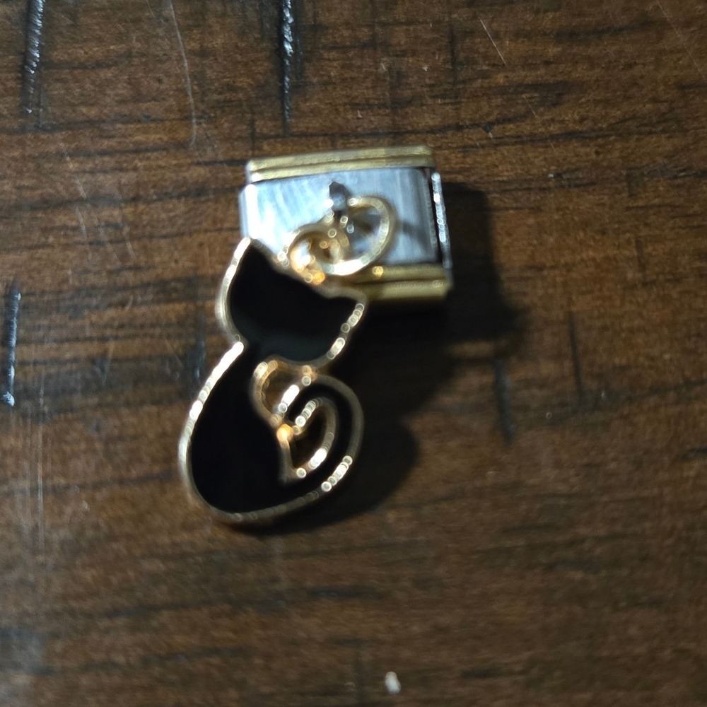 Black Enamel Dangle Cat Italian Charm Stainless Steel 9mm Modular Link Gold Tone